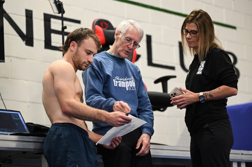 Dylan Schmidt training in Auckland with coach Angie Dougal who has received a Prime Minister’s Scholarship through HPSNZ to enable her to bring Canadian trampolining coach Dave Ross to NZ.