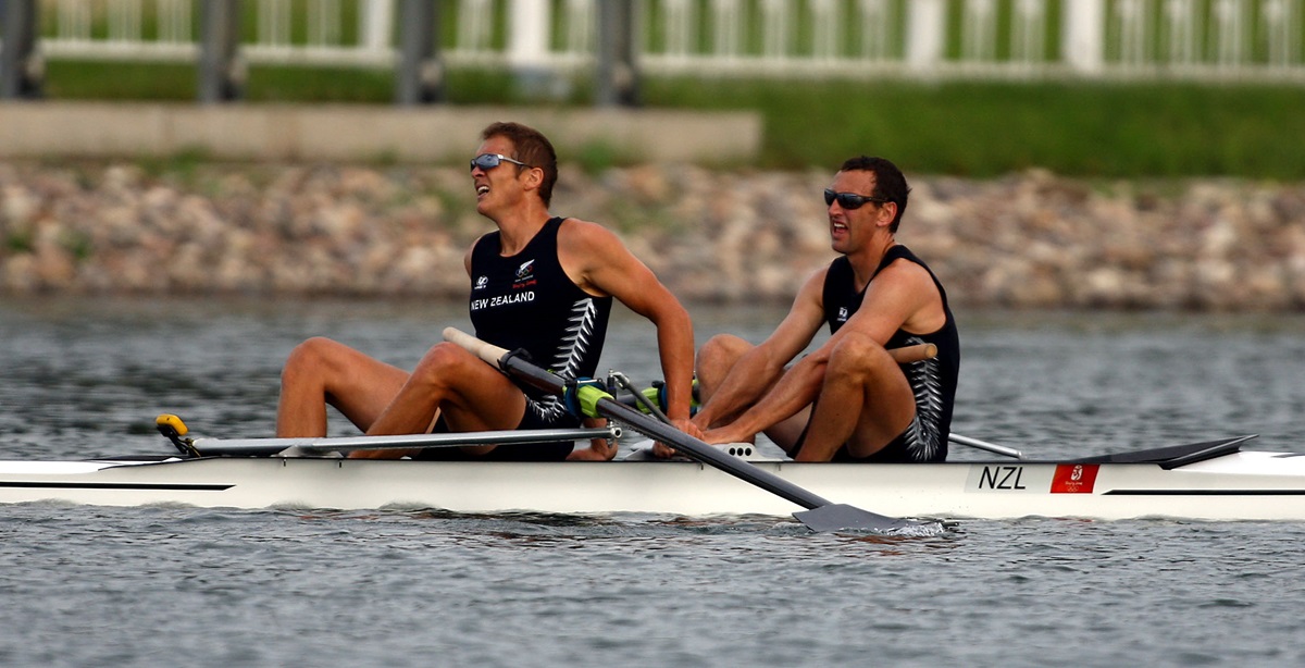 Nathan Twaddle and George Bridgewater come in third in the men's final double skulls at Shunyi Olympic Rowing Park at the 2008 Olympic Games. 16 August 2008. Photo: Lawrence Smith/PHOTOSPORT