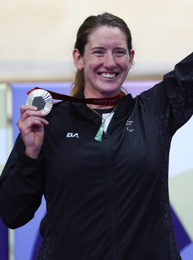 Paris 2024 Paralympic Games - Para Cycling Track - National Velodrome, Saint-Quentin-en-Yvelines, France - Anna Taylor (New Zealand) on the podium receiving the Paralympic Silver Medal