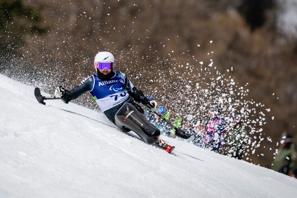 CORTINA D'AMPEZZO, ITALY - MARCH 13: Corey Peters of Team New Zealand competes during the Men's Giant Slalom Sitting Run 1 on day seven of the Milano Cortina 2026 Winter Paralympic Games at Tofane Alpine Skiing Centre on March 13, 2026 in Cortina d'Ampezzo, Italy. (Photo by Tom Weller/Getty Images)