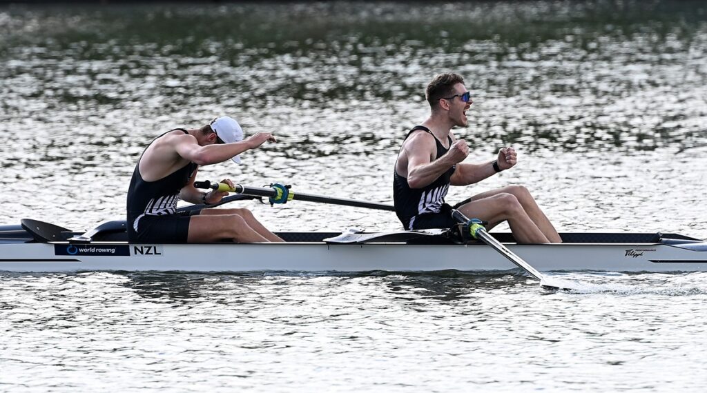Ben Taylor and Oliver Welch of New Zealand celebrate winning the Men's Coxless Pair Final at the 2025 World Rowing Championships in Shanghai, China on Thursday 25 September 2025.