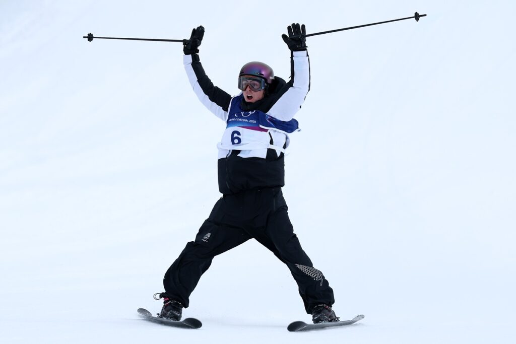 LIVIGNO, ITALY - FEBRUARY 10: Luca Harrington of Team New Zealand reacts after competing in the third run of the Men's Freeski Slopestyle Final on day four of the Milano Cortina 2026 Winter Olympic games at Livigno Air Park on February 10, 2026 in Livigno, Italy. (Photo by Patrick Smith/Getty Images)