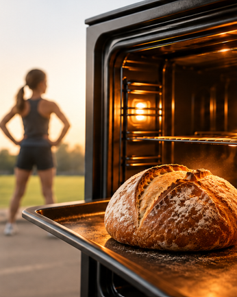 Young women standing with hands on her hips and a bread in trhe foreground